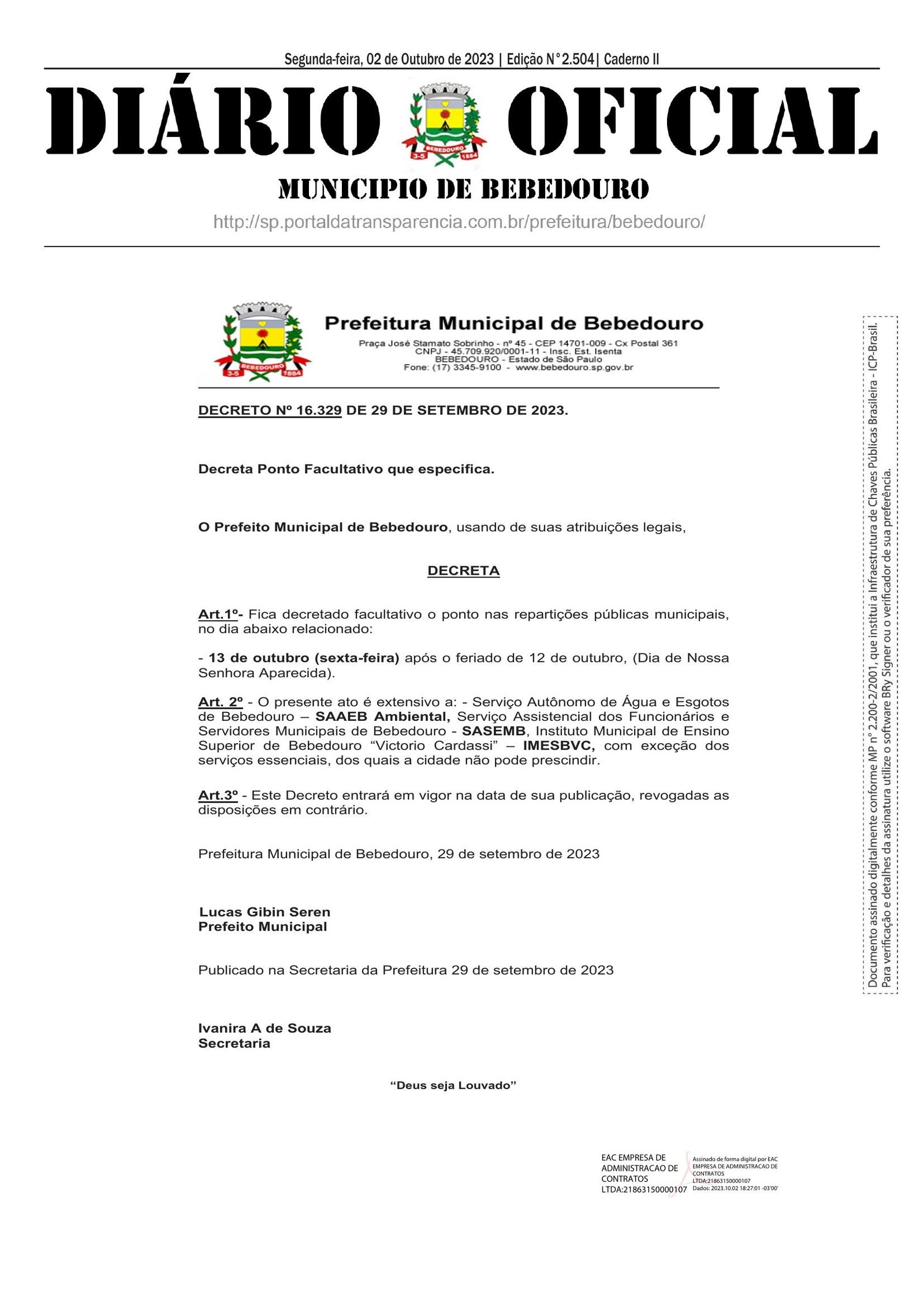 Bebedouro decreta ponto facultativo no dia 13 de outubro