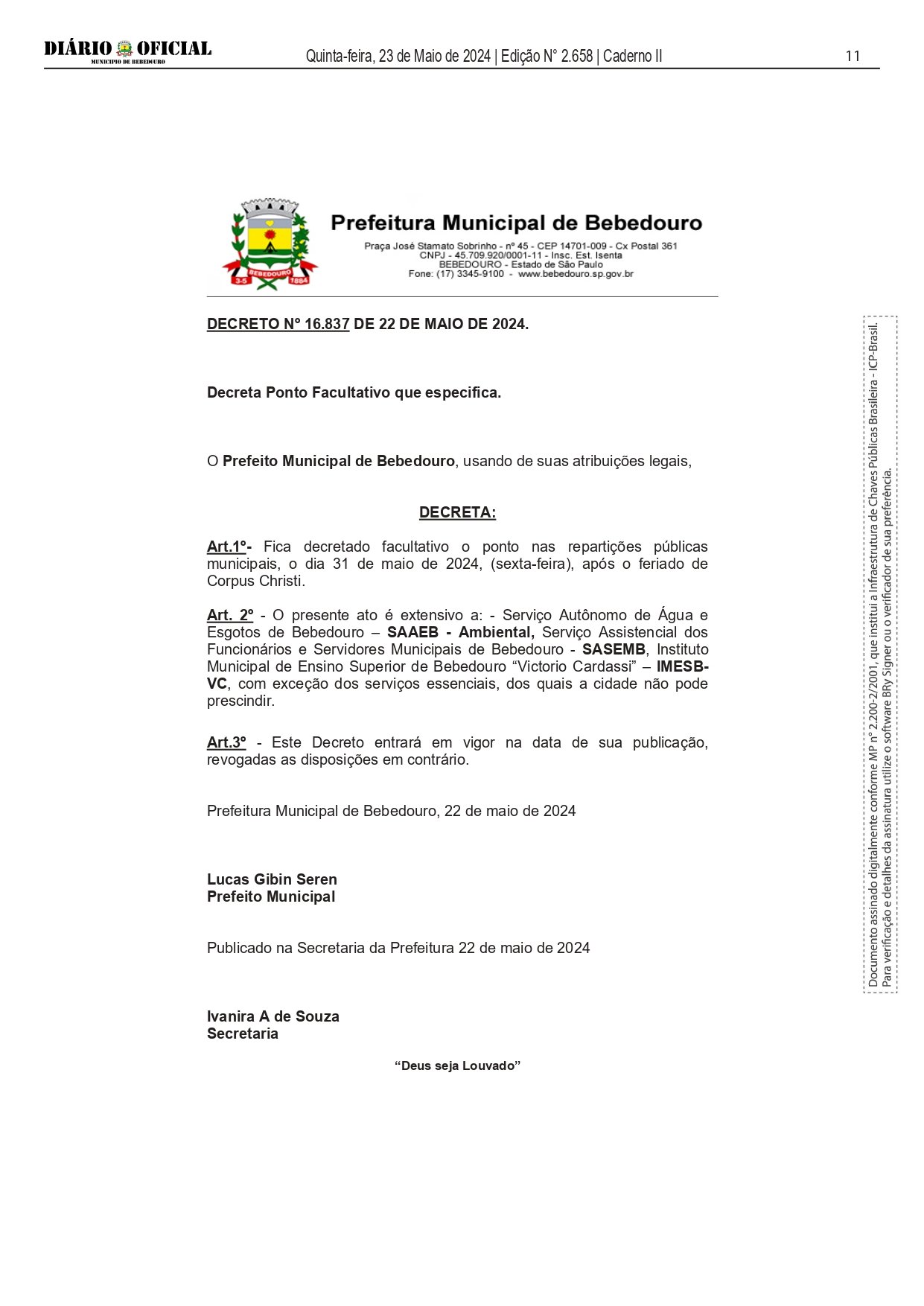 Ponto facultativo: 31 de maio, dia após feriado de Corpus Chisti