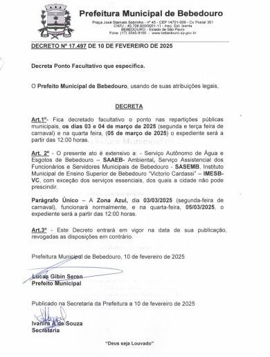 Decreto Municipal: Ponto facultativo e retorno das atividades