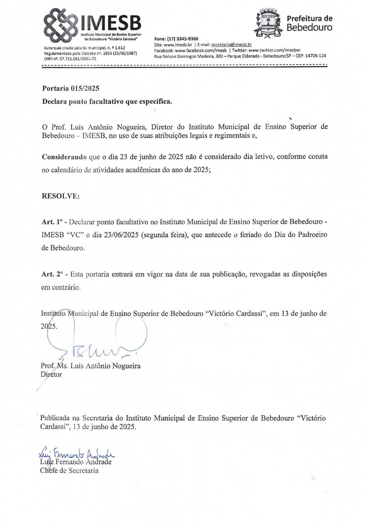 Ponto facultativo e feriado em razão de Corpus Christi e do Dia do Padroeiro