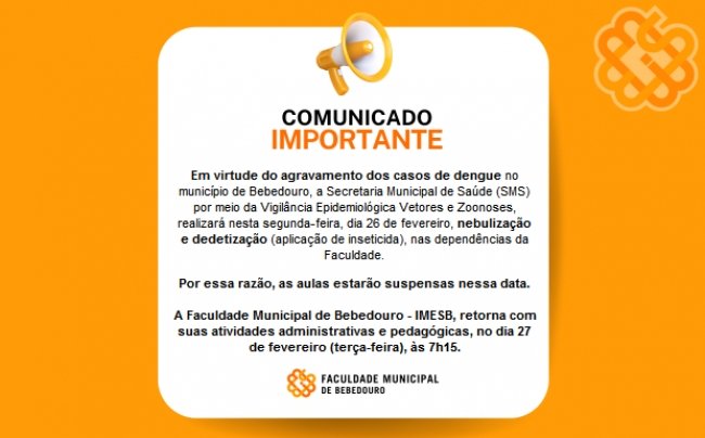 Comunicado - Nebulização e dedetização nas instalações do IMESB